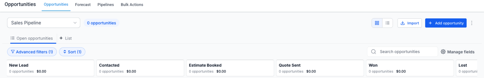 The Autopilot Snapshot sales pipeline inside the CRM: New Lead, Contacted, Estimate Booked, Quote Sent, Won, Lost