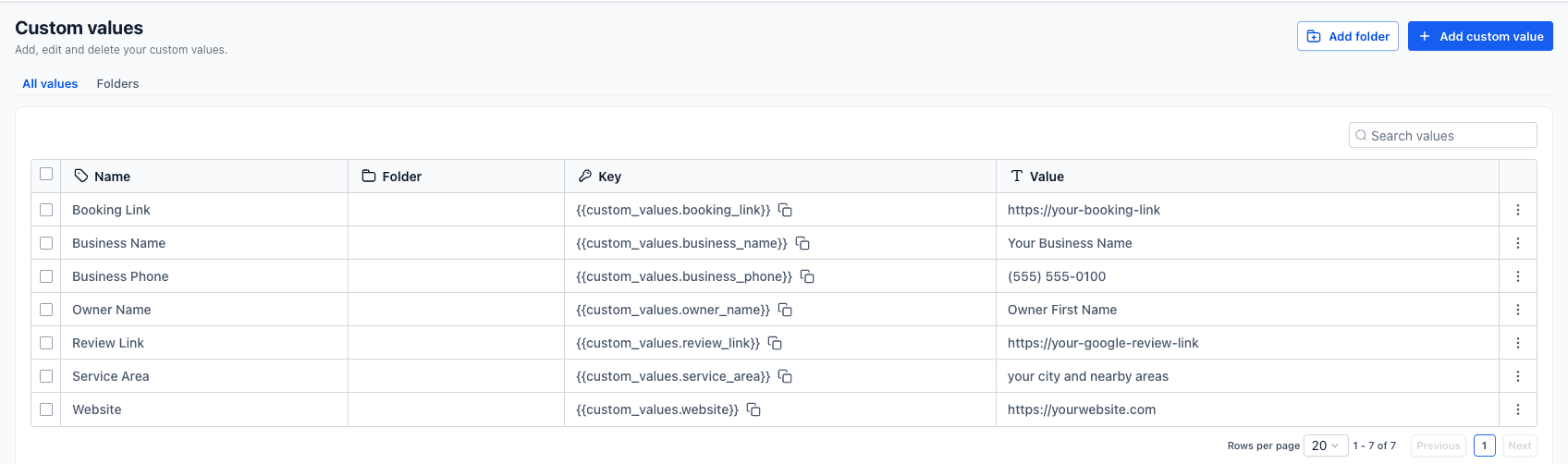 Custom values screen where business details are filled in once